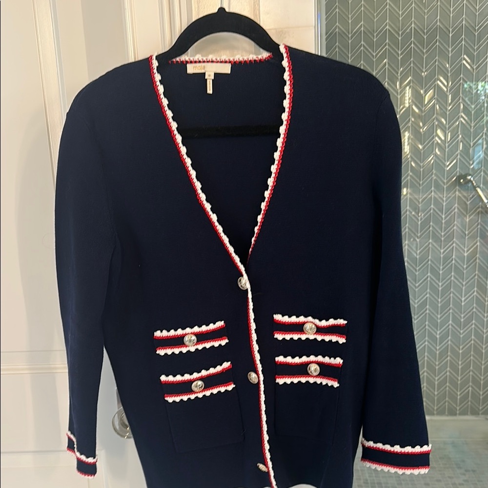 Navy Cardigan with Red and White Trim
